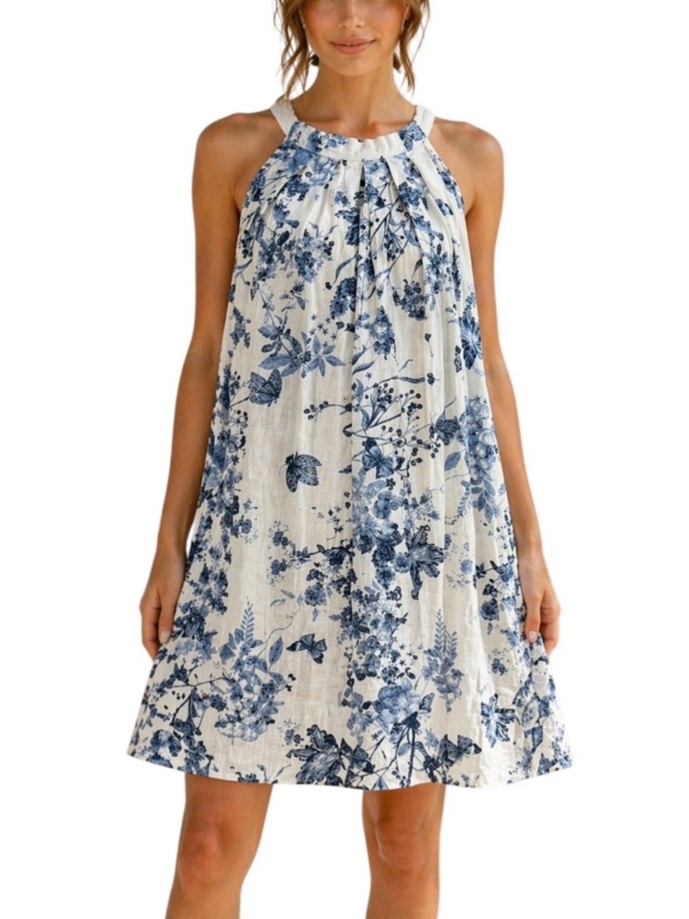 Bellambra Made In Italy Linen Halter Dress XS Blue White Floral Toile Print
